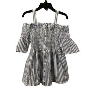 Habitual Girl's Blue White Striped Rushed Off Shoulder Mid Button Top‎ Size 5/6